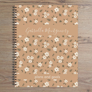 Boho-Blumen-Botanisches Muster Mädchen Braun Name  Notizbuch