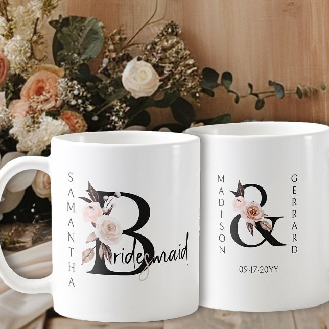 Boho-Blumen-Brautjungfer Kaffeetasse (Bridal party gift to personalize for your Bridesmaid)