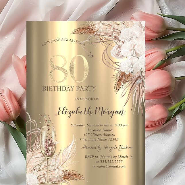 Boho-Blumen, Champagnerglas Gold 80. Geburtstag Einladung (Von Creator hochgeladen)