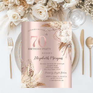 Boho-Blumen, Champagnerglas, Roségold 70. Einladung