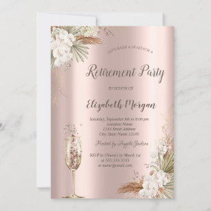 Boho-Blumen, Champagnerglas, Roségold-Ruhestand Einladung