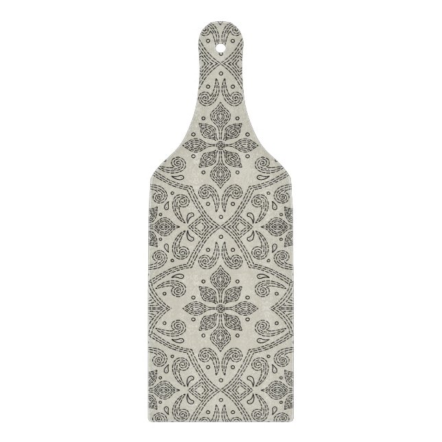 Boho-Blumen-Damaskus-Linienkunst, Schwarz auf Beig Schneidebrett (Vorderseite)