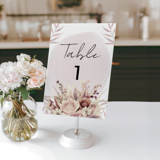 Boho-Blumen Dusty Rose Wasserfarbenkarte Tischnummer (Von Creator hochgeladen)