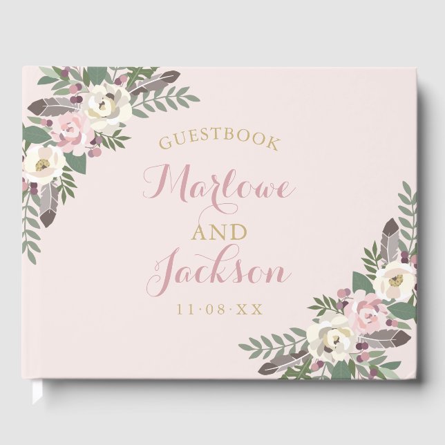 Boho-Blumen-Feder-Rosa-Hochzeitsmonogramm Gästebuch (Vorderseite)