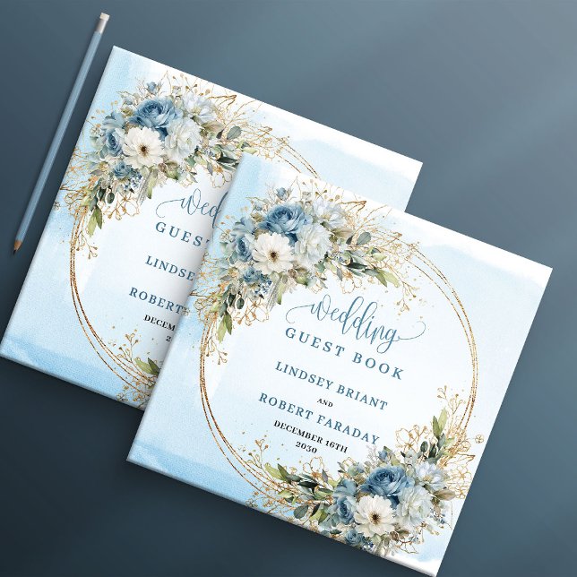 Boho-Blumen-Gästebuch Eukalyptus Gold Gästebuch (Bohemian Blue Flowers Eucalyptus Gold Guest Book)