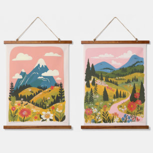 Boho-Blumen-Gebirgslandschaft-Illustration Wandteppich Mit Holzrahmen