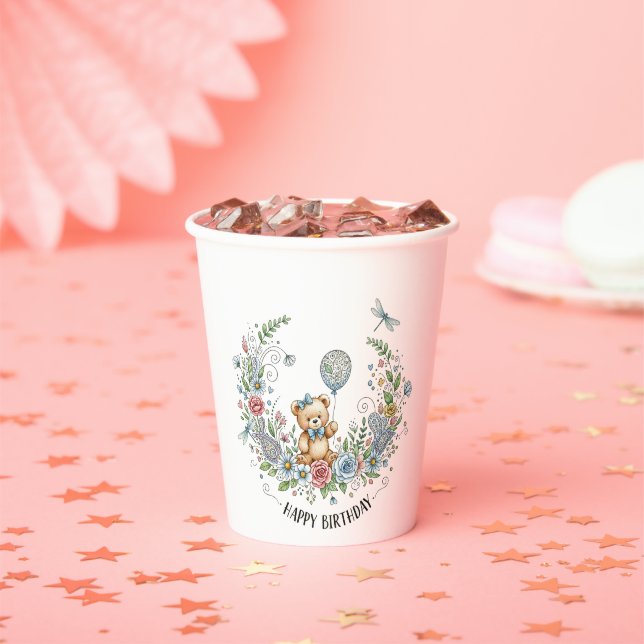 Boho-Blumen-Geburtstagsbär Pappbecher (Insitu)