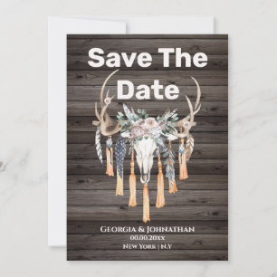 Boho-Blumen-Geweih-Hirsch-Schädel-Stammes-Landhaus Save The Date