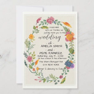 Boho-Blumen-Girlande und Federn Rustikale Hochzeit Einladung