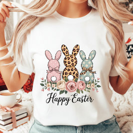 Boho Blumen Glückliche Osterhasen Leoparden Punkte T-Shirt