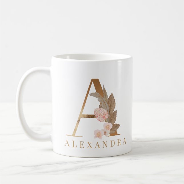 Boho-Blumen Gold Buchstabe A Monogramm Kaffeetasse (Links)