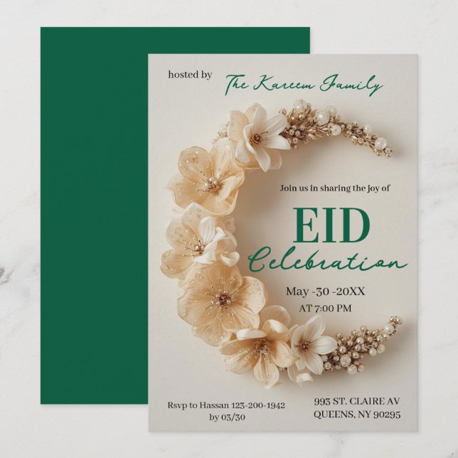 Boho-Blumen-Halbmond-Eid-Party-Einladung  Einladung (Vorne/Hinten)