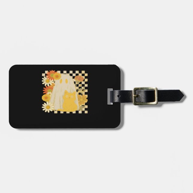 Boho-Blumen Herbst Geist und schwarze Katze Hallow Gepäckanhänger (Vorderseite horizontal)
