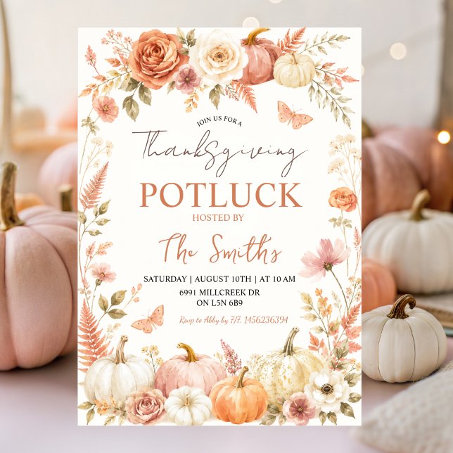 Boho-Blumen-Herbst-Thanksgiving-Potluck-Einladung Einladung (Von Creator hochgeladen)