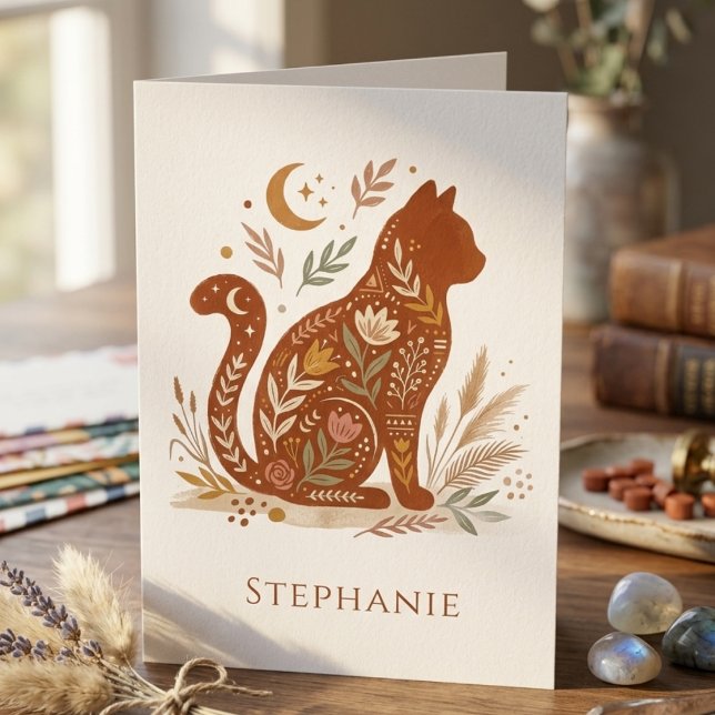 Boho-Blumen-Himmels-Katze Grafik Dankeskarte (Boho floral cat silhouette card — unique holiday gift idea for the cat mom or animal lover)