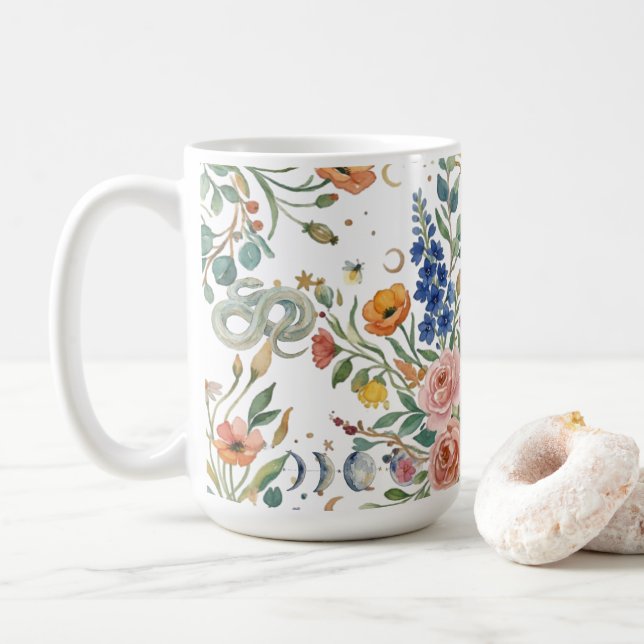 Boho-Blumen-Himmelsmond & Schlangen Botanik Kaffeetasse (Mit Donut)