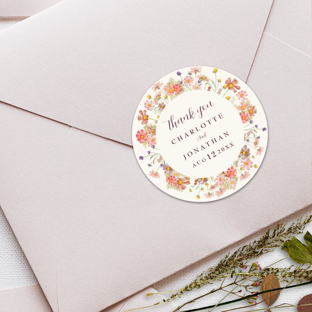 Boho Blumen Hochzeit im Herbst Danke Runder Aufkleber (Boho fall rustic Wildflower floral ivory cream and burgundy script Wedding thank you stickers )