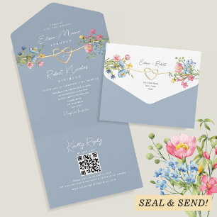 Boho-Blumen-Hochzeit in Staubblau All In One Einladung