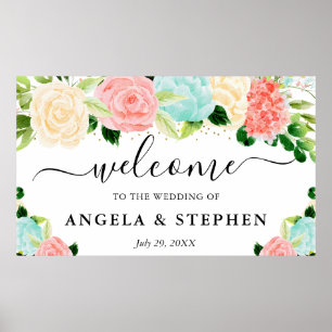 Boho-Blumen-Hochzeitsbegrüßung in Rosa und Mint Poster