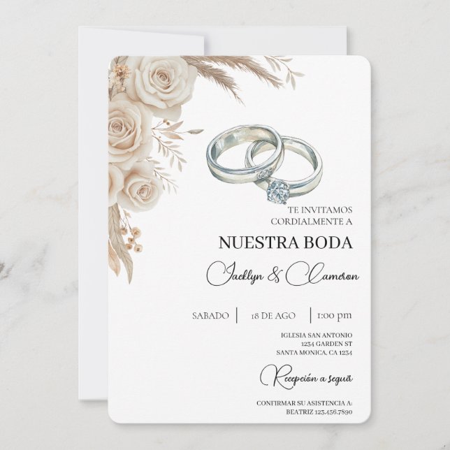 Boho-Blumen-Hochzeitseinladung auf Spanisch Einladung (Vorderseite)