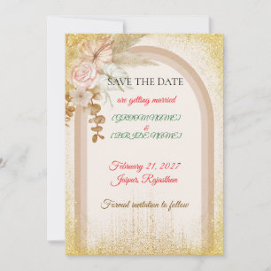 Boho-Blumen-Hochzeitseinladungskarte mit goldenen  Save The Date