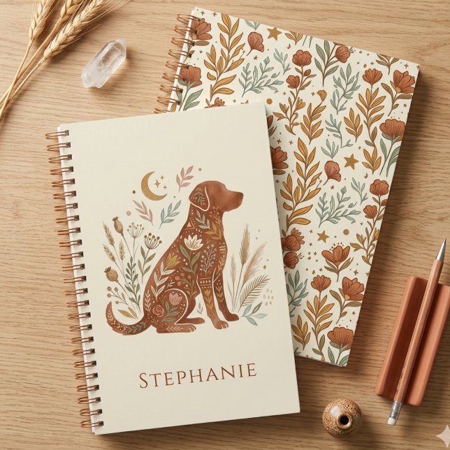 Boho Blumen Hund Silhouette Erdig Botanisch Planer (Boho botanical dog silhouette notebook for the dog mom — a unique holiday gift idea.)