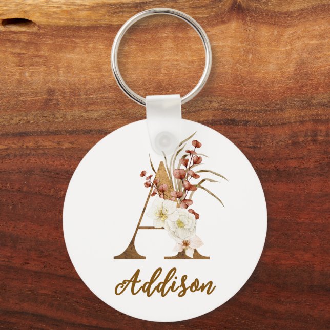 Boho-Blumen-Initial A-Monogramm-Hochzeitsgeschenk Schlüsselanhänger (Vorderseite)