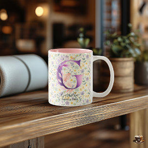 Boho-Blumen-Initiale G-Monogramm-Kunst Zweifarbige Tasse