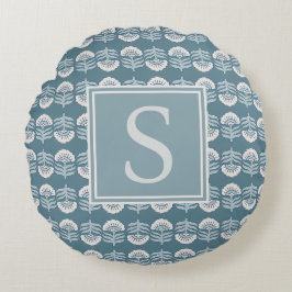 Boho-Blumen-Kissen mit Monogramm in Blau Rundes Kissen