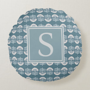 Boho-Blumen-Kissen mit Monogramm in Blau Rundes Kissen