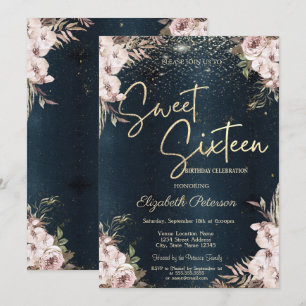 Boho-Blumen Konfetti Dunkelblau Sweet 16 Einladung