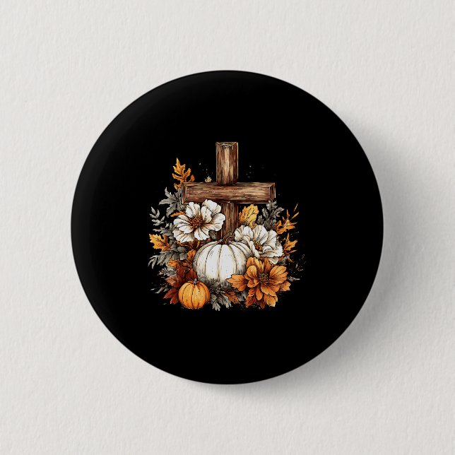 Boho-Blumen-Kürbis-Kreuz-Herbst-Jesus-christlich-T Button (Vorderseite)