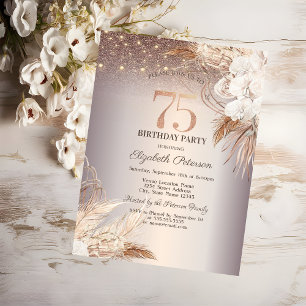 Boho-Blumen,Lichterkette Glitter 75. Geburtstag Einladung