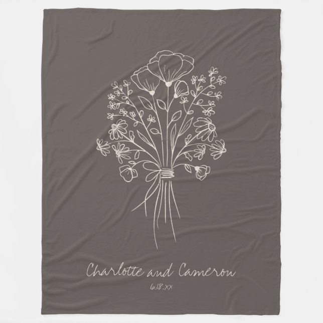 Boho-Blumen-Linienkunst-Zeichnung Personalisiert B Fleecedecke (Vorderseite)