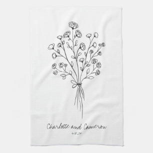 Boho-Blumen-Linienkunstzeichnung Personalisierte H Geschirrtuch