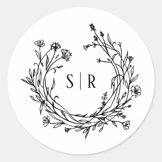 Boho-Blumen-Monogramm individuelle Hochzeit Runder Aufkleber (Vorderseite)