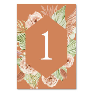 Boho-Blumen, Palme und Pampas Terrakotta Hochzeit  Tischnummer