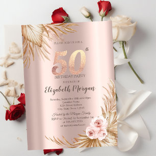 Boho-Blumen Pampas Rosen Gold 50. Geburtstag Einladung