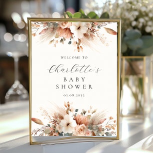 Boho-Blumen-Pampasgras-Rose-Beige-Willkommen Poster
