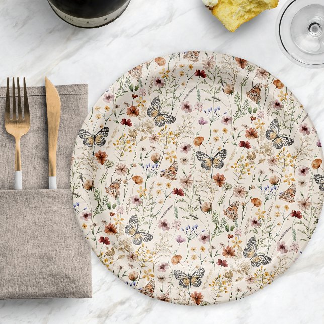 Boho-Blumen-Papierteller Pappteller (Boho Floral Paper Plate with Butterflies by Painted Paperie
)