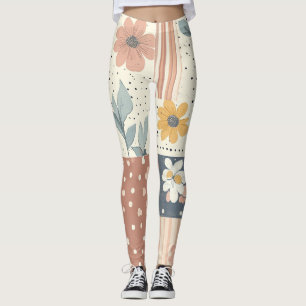Boho-Blumen-Patchwork in Terrakotta und Salbei Leggings
