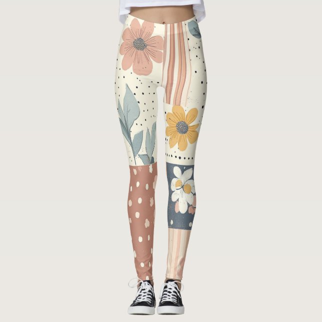 Boho-Blumen-Patchwork in Terrakotta und Salbei Leggings (Vorderseite)