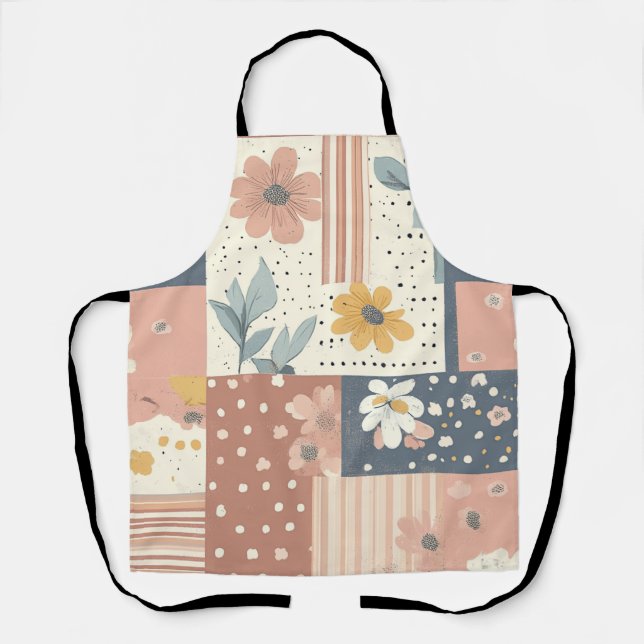 Boho-Blumen-Patchwork in Terrakotta und Salbei Schürze (Vorderseite)