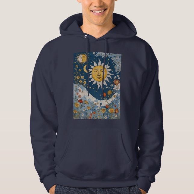 Boho-Blumen-Patchwork-Sonne und Mond Hoodie (Vorderseite)
