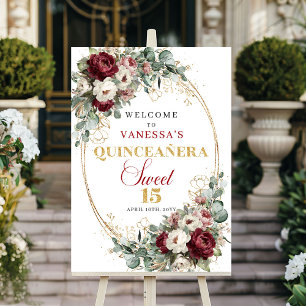 Boho-Blumen-Quinceanera-Willkommensschild Burgund Poster