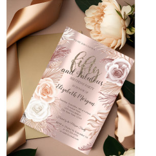 Boho Blumen Rose Gold 50. Geburtstagsfeier Einladung