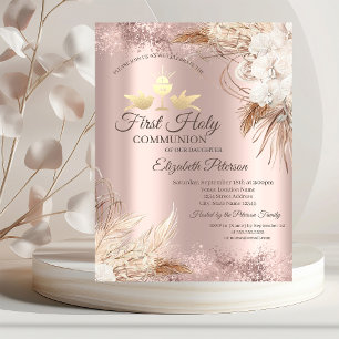 Boho Blumen Rose Gold Erstkommunion   Einladung
