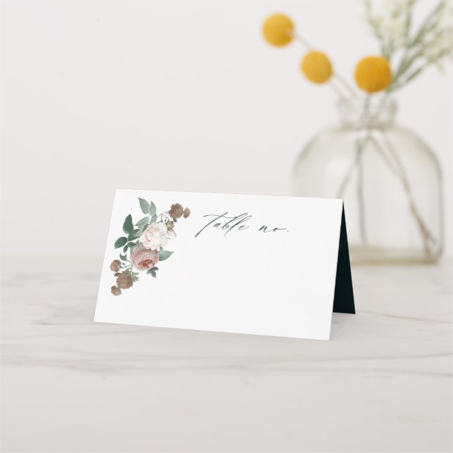 Boho-Blumen-Rosen-Script-Hochzeit Platzkarte (Vorderseite)