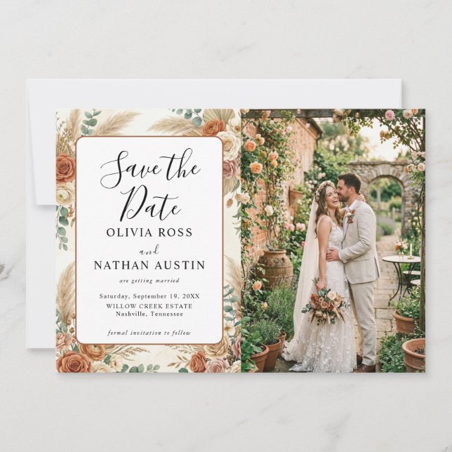 Boho-Blumen-Save-the-Date-Foto-Landkarte (Vorderseite)