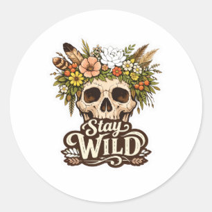 Boho-Blumen-Schädel "Bleib wild" Ästhetik-Aufklebe Runder Aufkleber